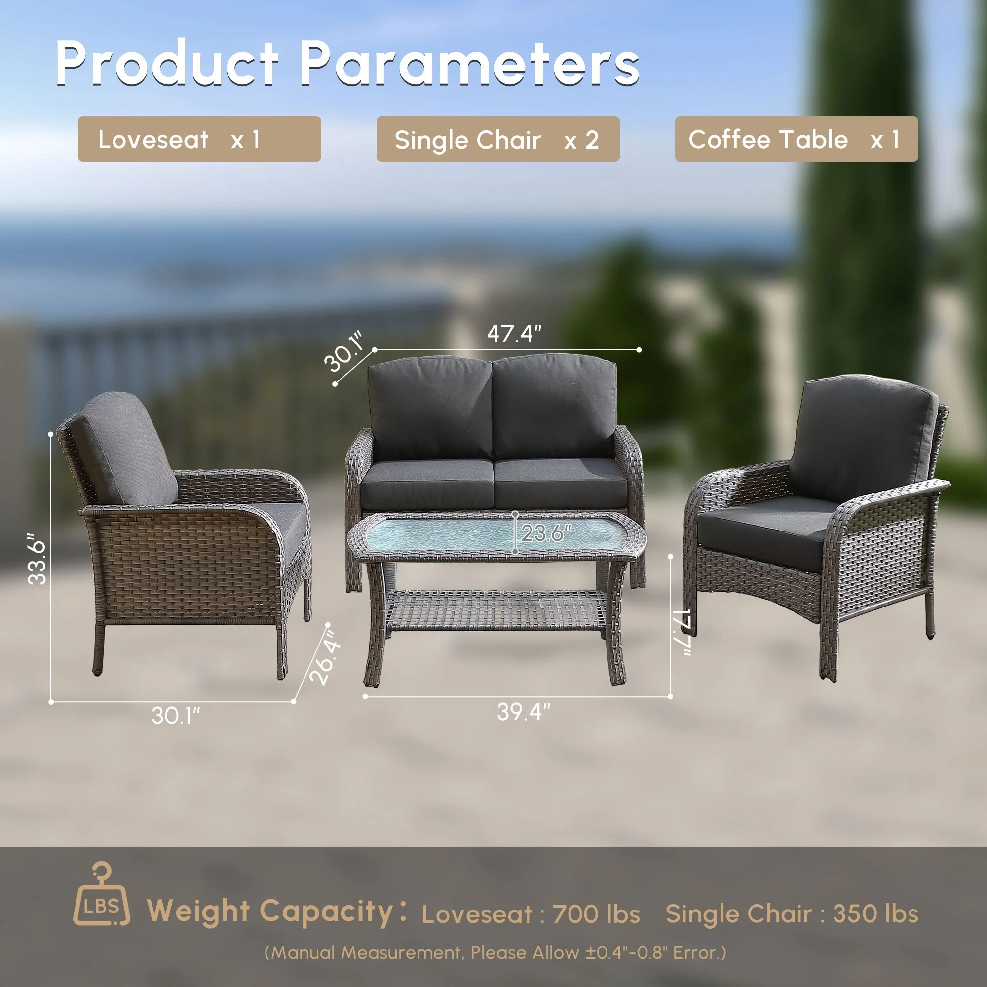 Vcatnet 4 Pieces Outdoor Patio Furniture All-weather Wicker Conversation Set with Coffee Table for Garden,Poolside,Gray - Image 26