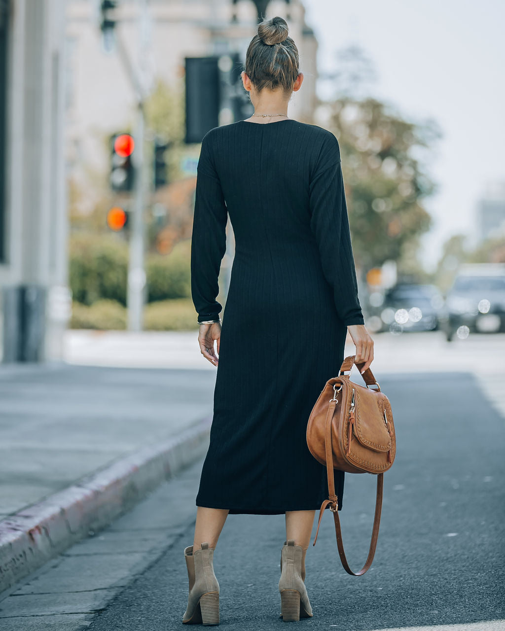 Dante Ribbed Knit Front Tie Midi Dress - Black - Se7enfashion