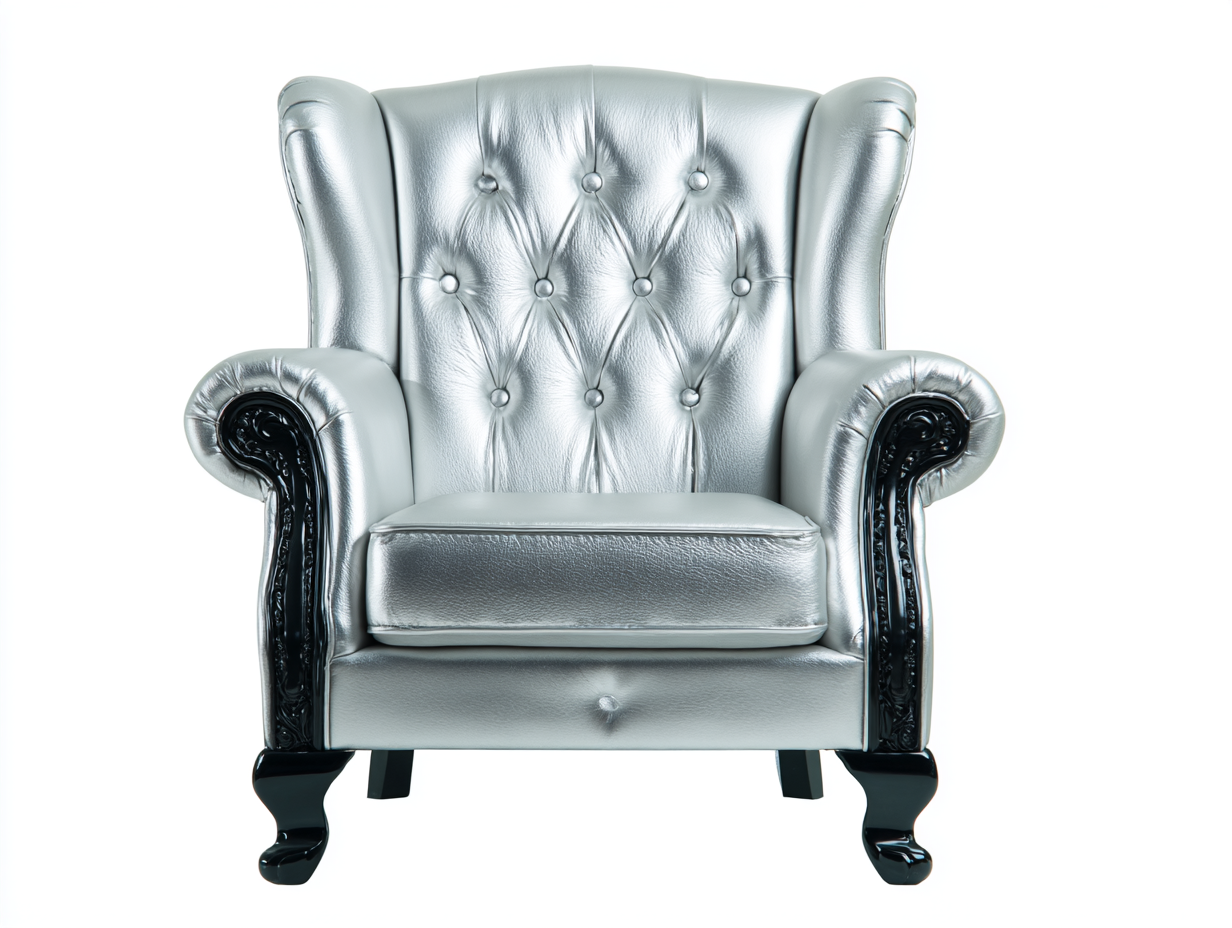 Sillón individual tapizado en cuero plateado 90×85×110 cm – patas de madera talladas negras – estilo clásico