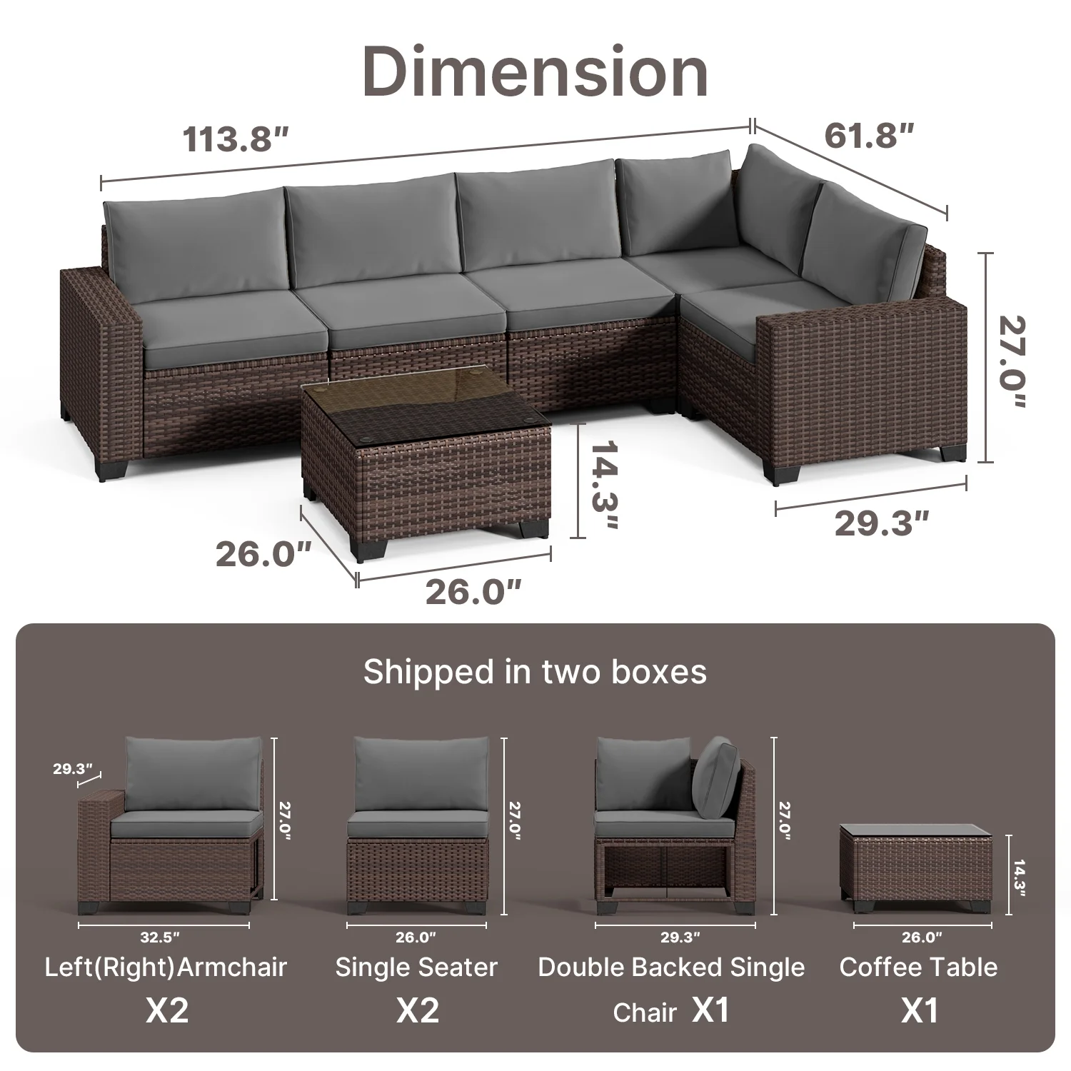 Aiho 7-Piece Rattan Patio Furniture Set , Outdoor Sectional Furniture Set for Patio, Garden, Backyard, Grey - Image 16