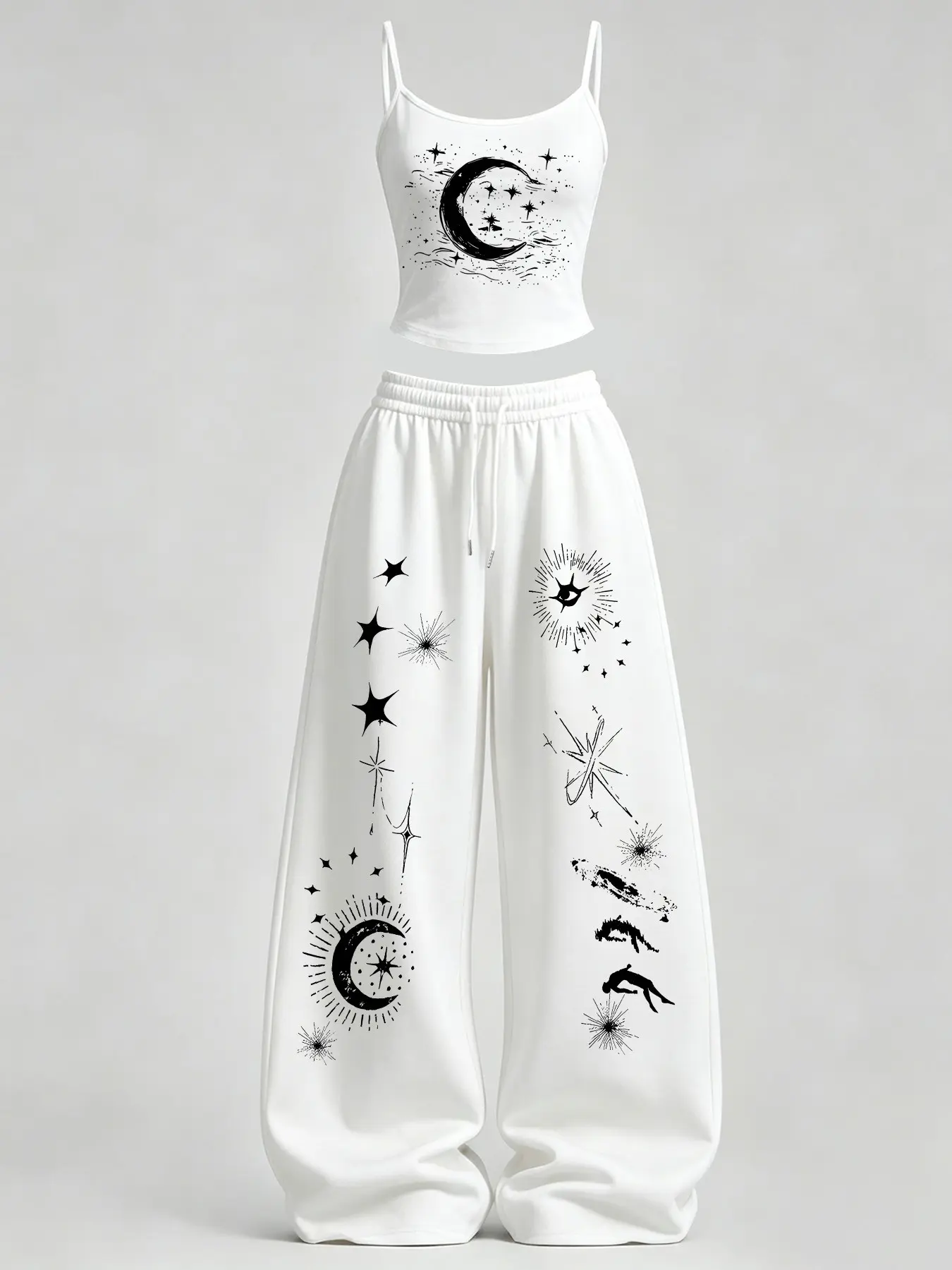 Women's Casual Home Wear Set, Star Moon Print Slim Fit Top + Loose Baggy Pants TeeThreads Sustain the Scene with Custom Apparel