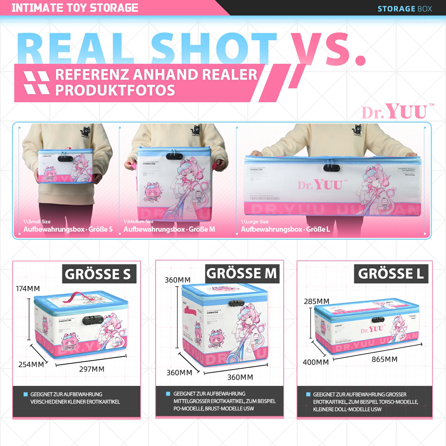 Dr.YUU Aufbewahrungsboxen in Größe S 297 × 254 × 174 mm, M 360 × 360 × 360 mm und L 865 × 400 × 285 mm