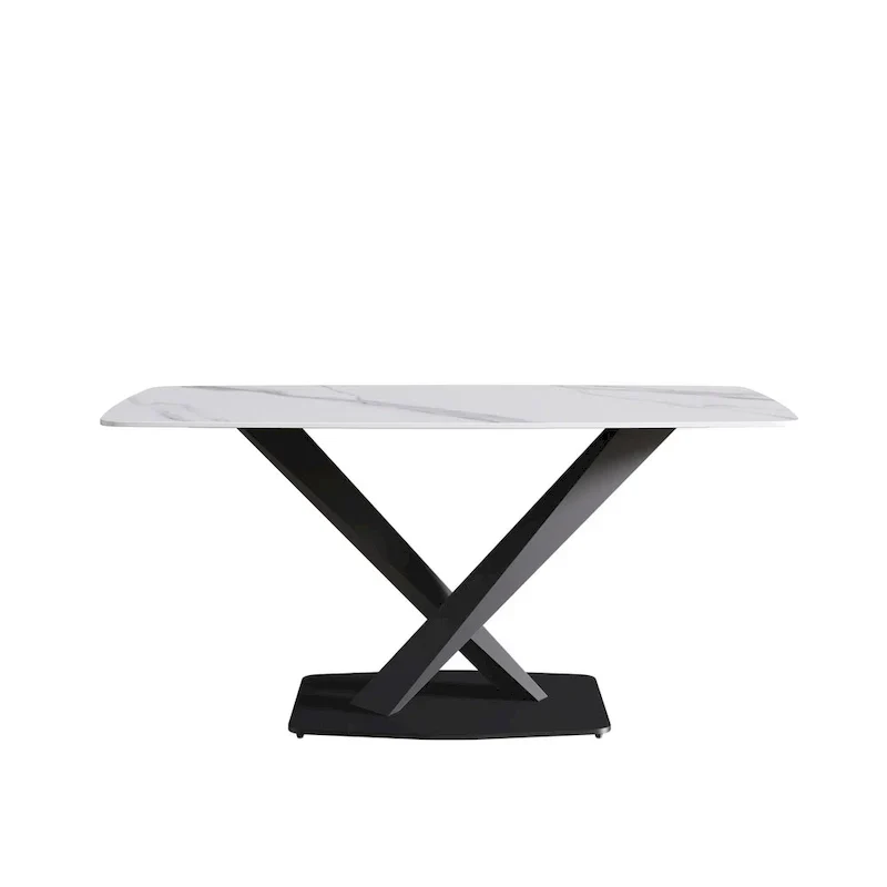 63-Inch Contemporary Dining Table with Slate Stone Surface and Metal Legs, Marble Finish