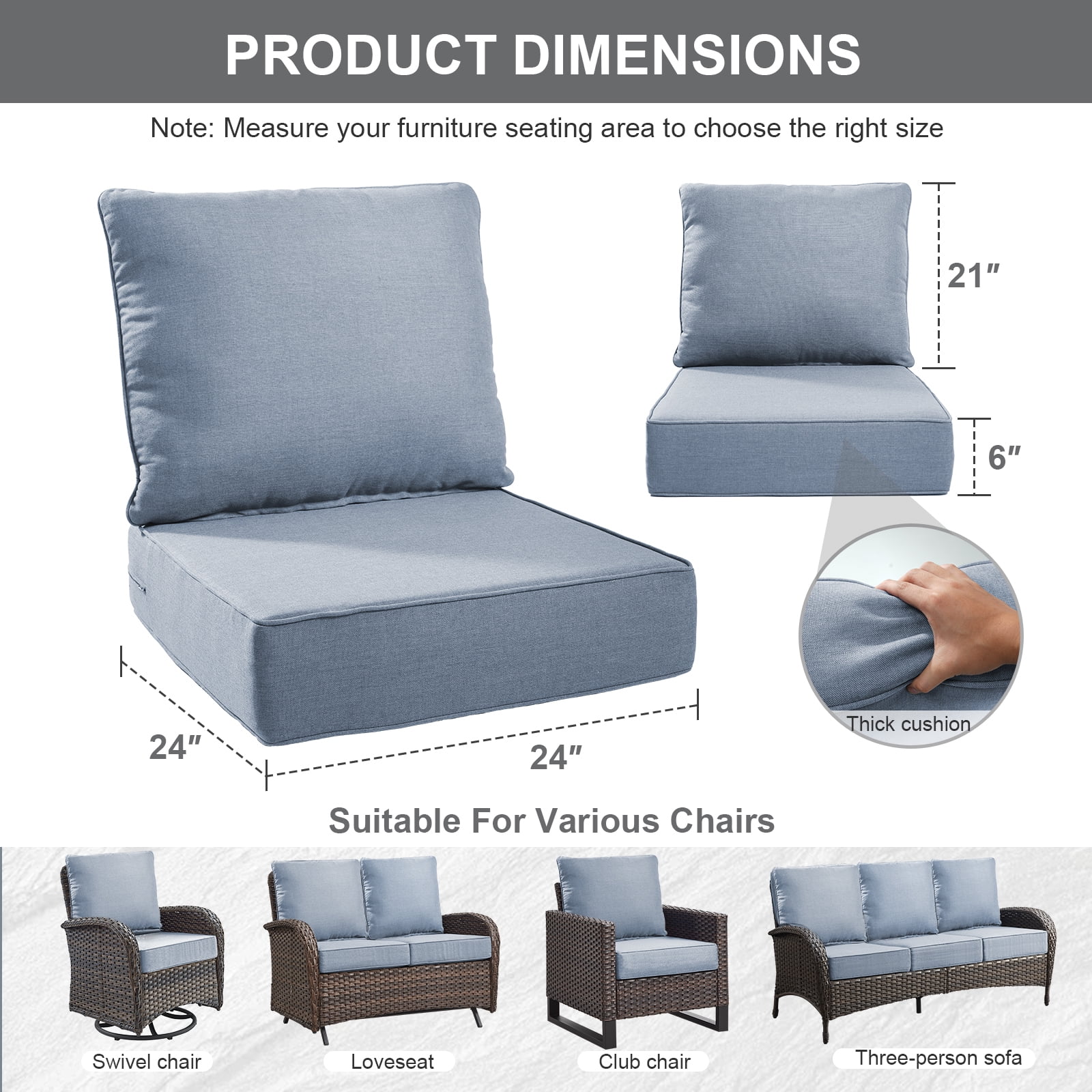 Bellefurn Outdoor Deep Seat Cushion 24 X 24 X 6 inch for Patio Furniture,Outdoor Chair Cushions Waterproof & Fade Resistant Patio Furniture Cushions for Wicker Chair, Sofa, Couch - Image 64