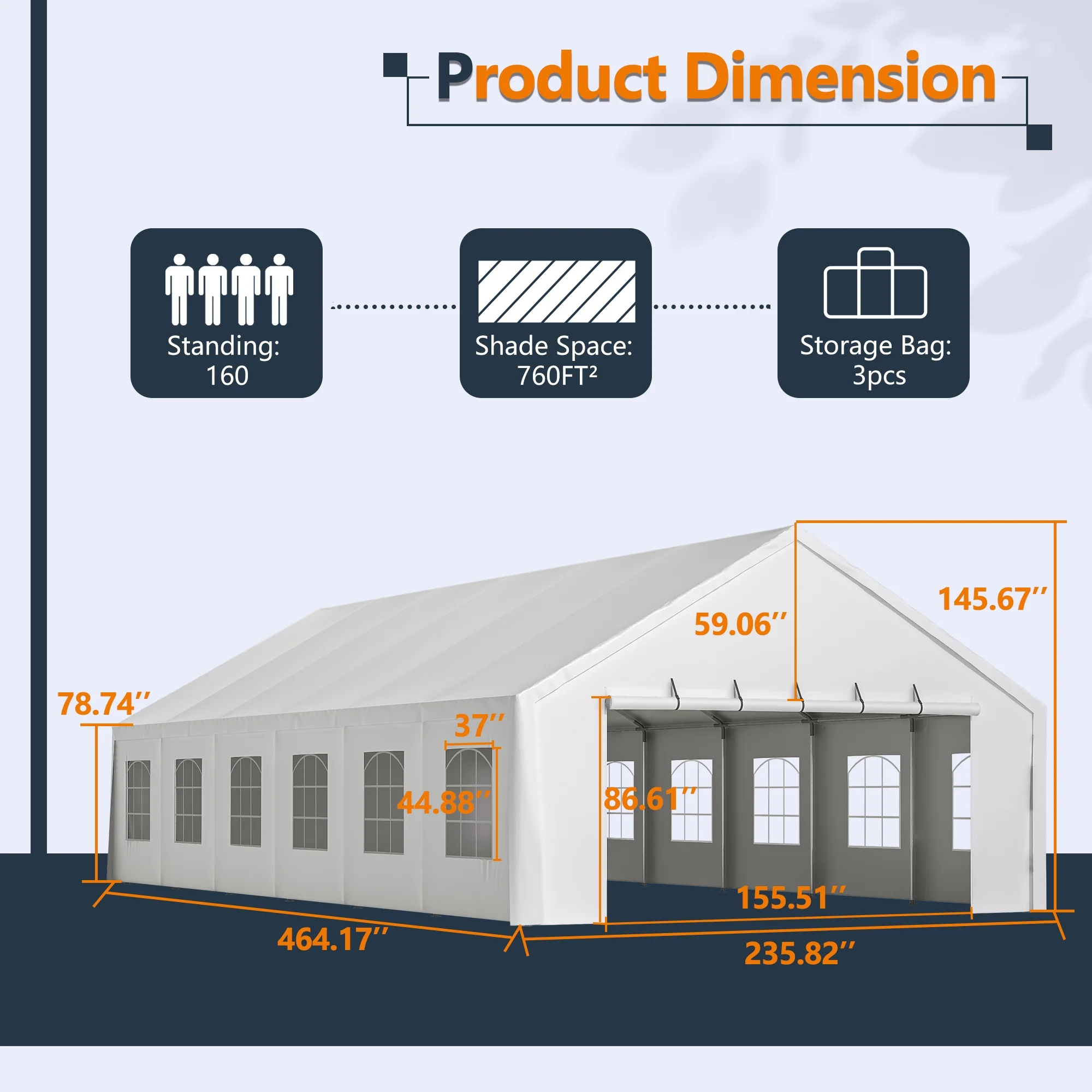 20x40 FT Heavy-Duty Party Tent with 3 Storage Bags - Large Waterproof Wedding Event Shelter for Removable Sidewalls & Zipper Door - Outdoor Commercial Tent for Parties Carport Camping BBQ Garden - Image 2