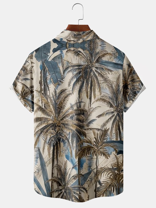 Mens Hawaiian Coconut Print Lapel Chest Pocket Short Sleeve Funky Aloha Shirt