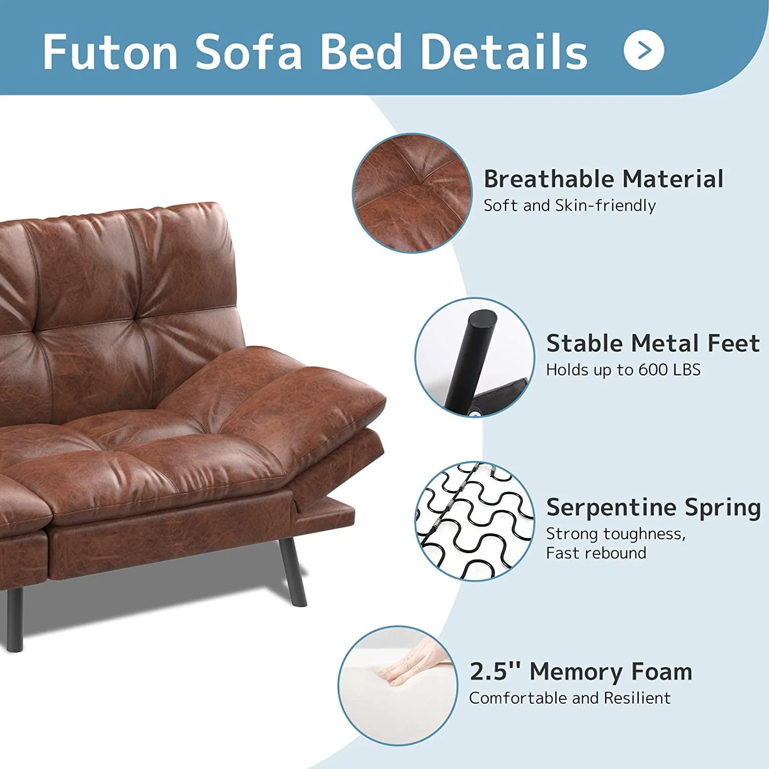 Convertible Futon Sofa Bed, Modern Sleeper Sofa, Brown - Image 3