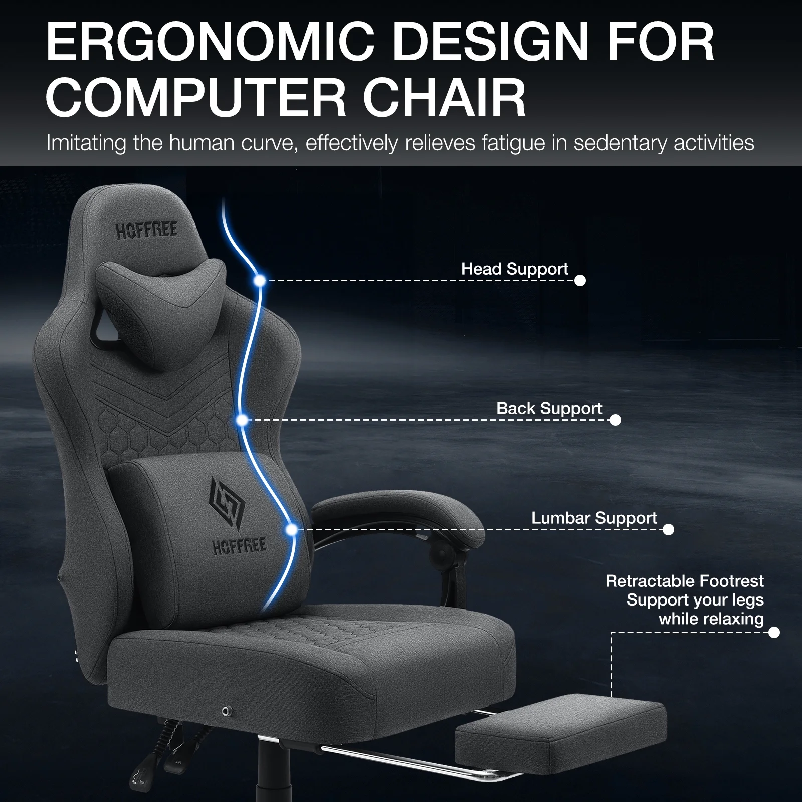 Hoffree Gaming Chair with Massage Fabric Office Chair with footrest for Adults, Ergonomic Gamer Chair with Headrest and Lumbar Support for Office Gaming, 440 LBS - Image 57