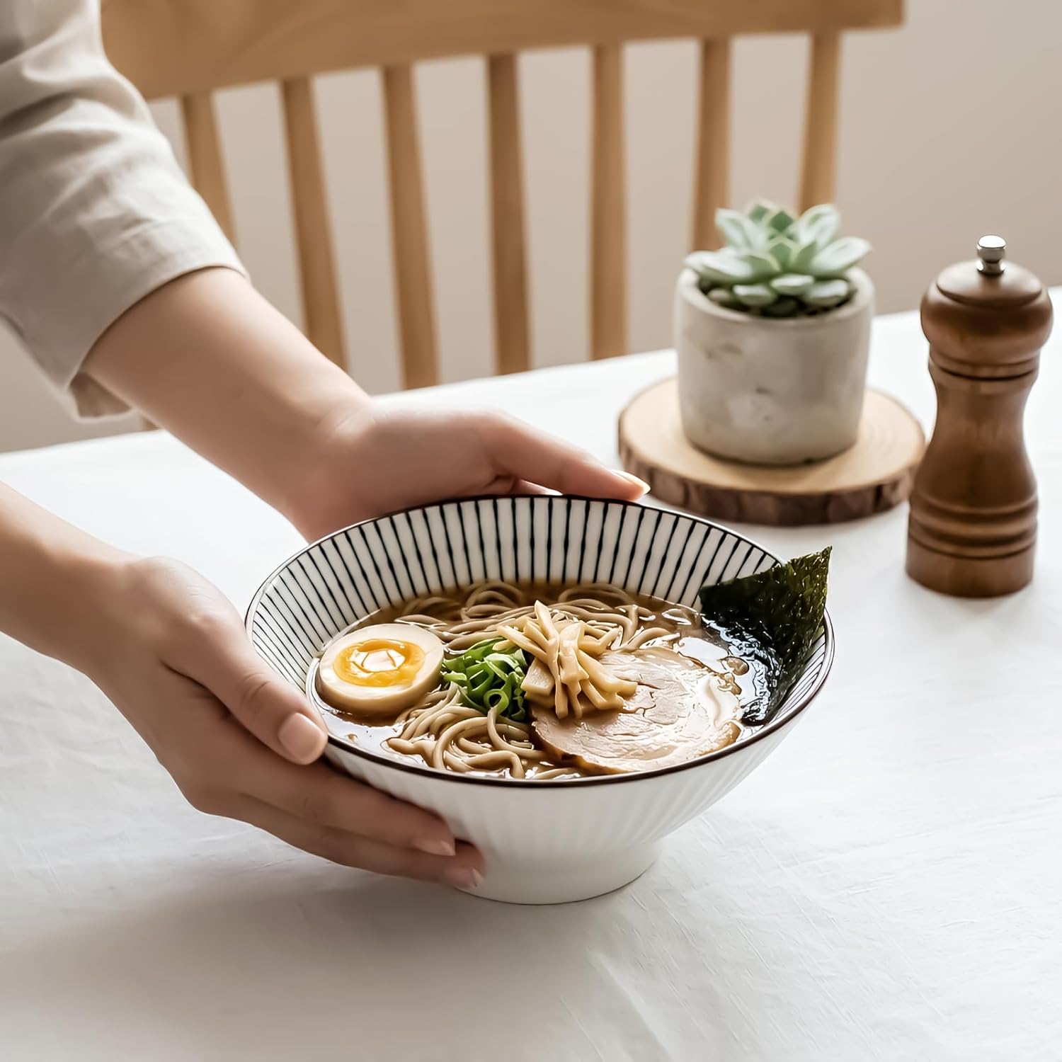 QINLANG 38 oz Japanese Ramen Bowls, Ceramic Set of 4 for Cereal, Soup, Pho, Noodles - Blue and White, 8 Inches