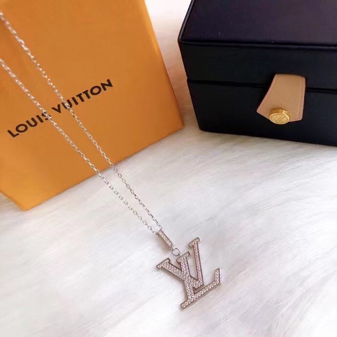 Louis Vuitton Full Diamond Silver LV Monogram Pendant Necklace - Original Replica Club
