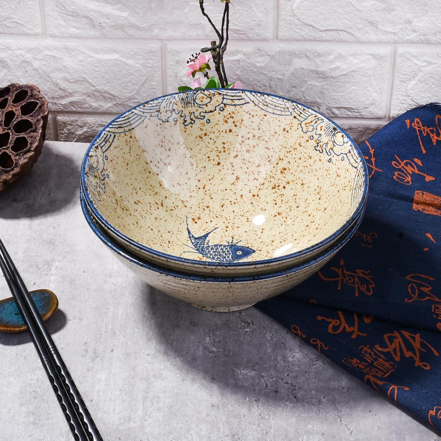 8-inch Ceramic Ramen Bowls with Fish Design, Japanese Style Soup Ramen Noodle Bowls, Set of 2, Dishwasher & Microwave Safe