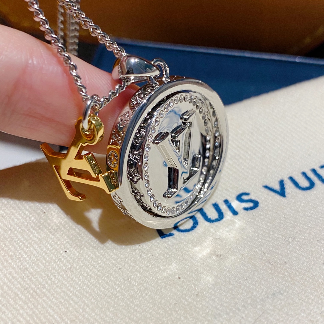 Louis Vuitton Two-Sided Silver Gold Round Rotating Pendant Necklace - Original Replica Club