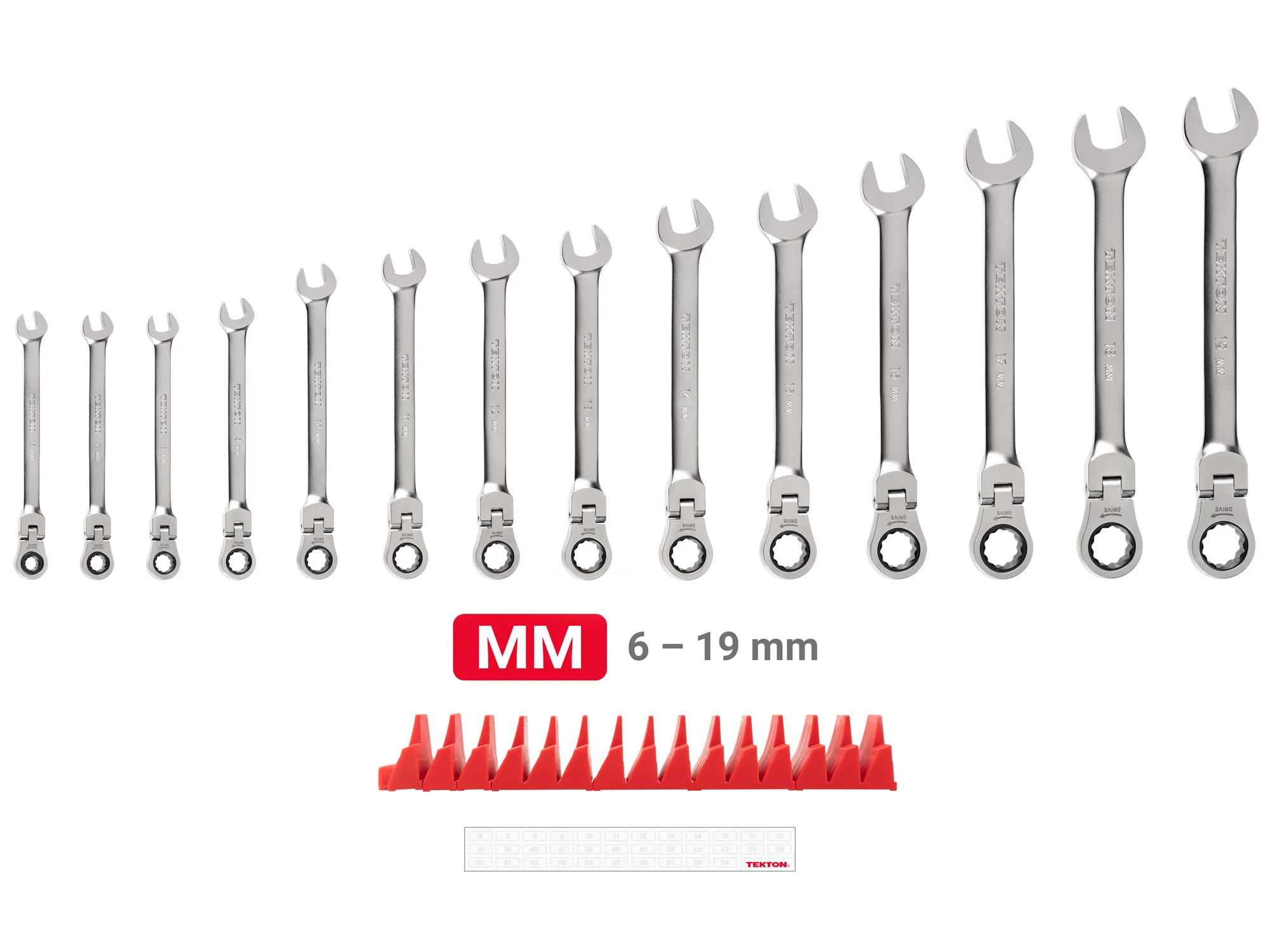 TEKTON Flex Head 12-Point Ratcheting Combination Wrench Set with Modular Wrench Organizer, 14-Piece (6-19 mm) | WRC95302