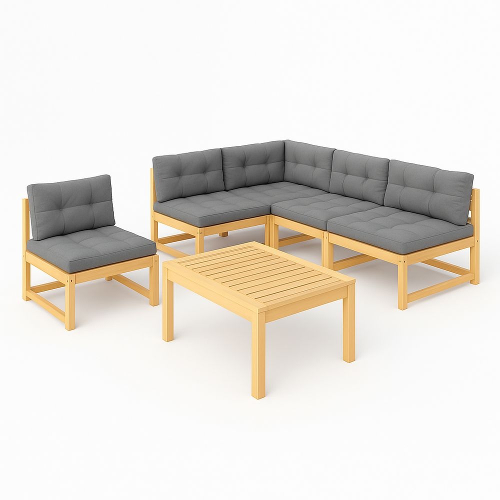 Conjunto de Sala de Estar de Jardín Madera Sofá Modular Cojines Grises Terraza