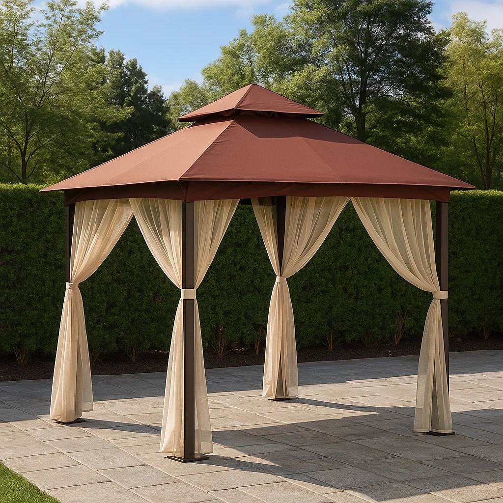 Cenador y quiosco,diseño cuadrado,material metal y tela,color marrón,con techo a cuatro aguas,instalación independiente,tamaño 300x200x270 cm,uso para jardín o patio. - JzW1HbB2waR5