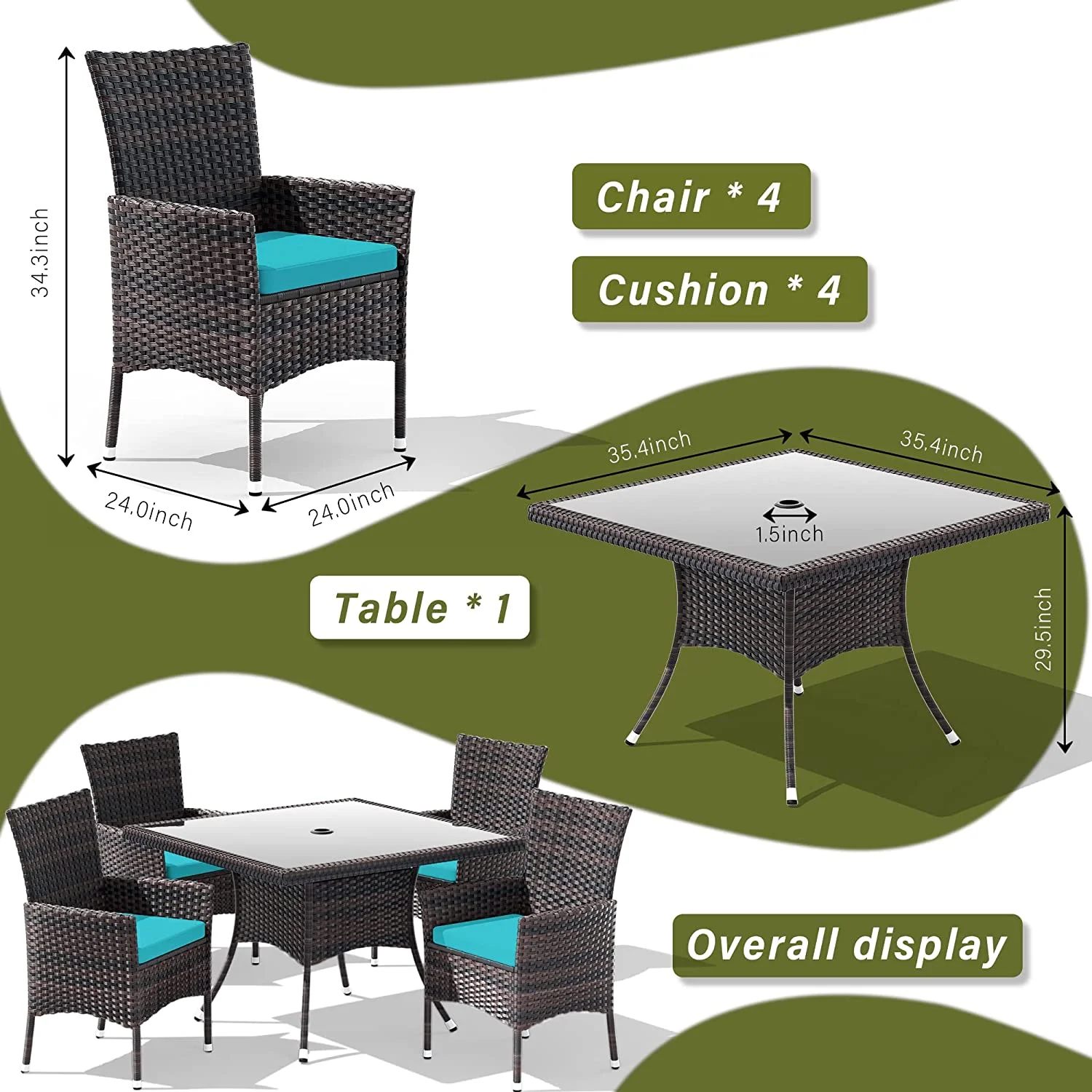 ALAULM 5 Pieces Patio Dining Set Outdoor Rattan Furniture with Square Glass Tabletop 4 Chairs with Cushions for Patio, Backyard Outdoor Kitchen Lawn & Garden Blue - Image 6