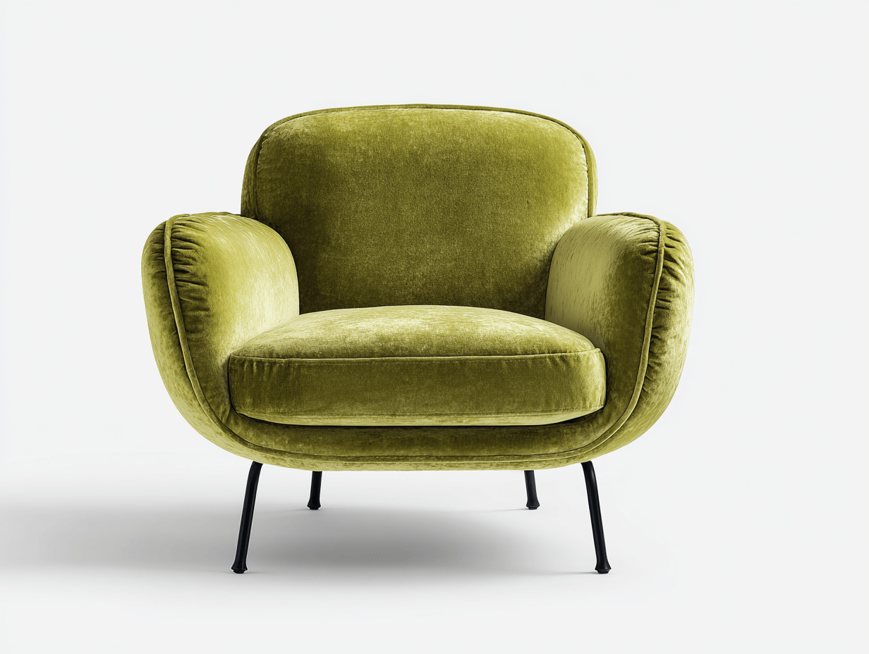 Sillón tapizado – terciopelo verde – patas metálicas negras estilo moderno