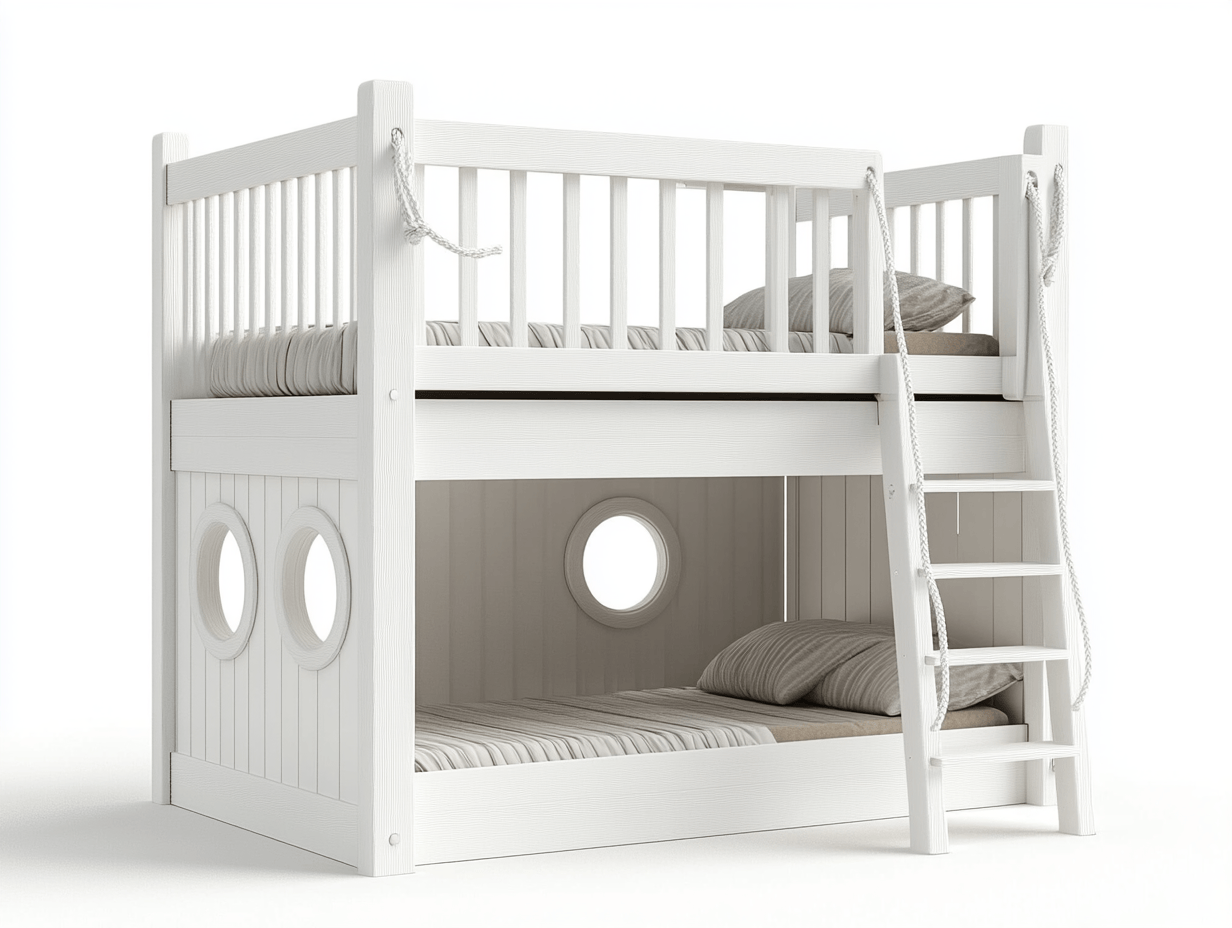 Litera de madera de pino con escalera y barandilla blanca