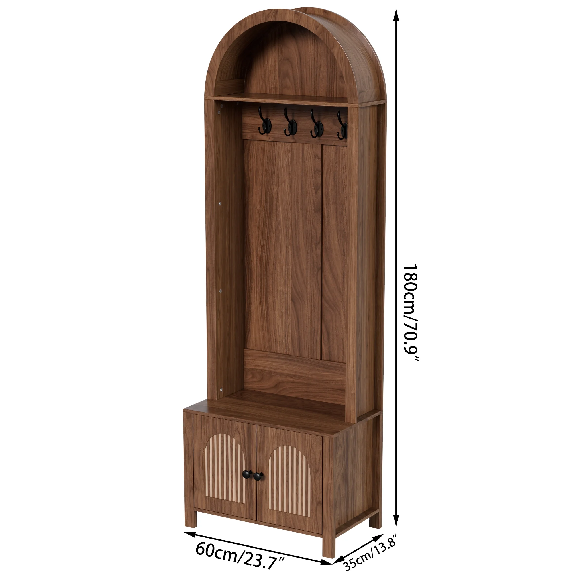 LUCKYELF Hall Tree with Shoe Storage, Entryway Bench with 4 Hooks and 2 Doors, Arch Coat Rack Cabinet for Hallway - Image 2