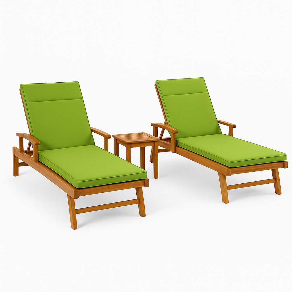 Sofá de jardín de madera con cojines verdes, juego de tumbonas con mesa auxiliar, mobiliario exterior moderno y elegante