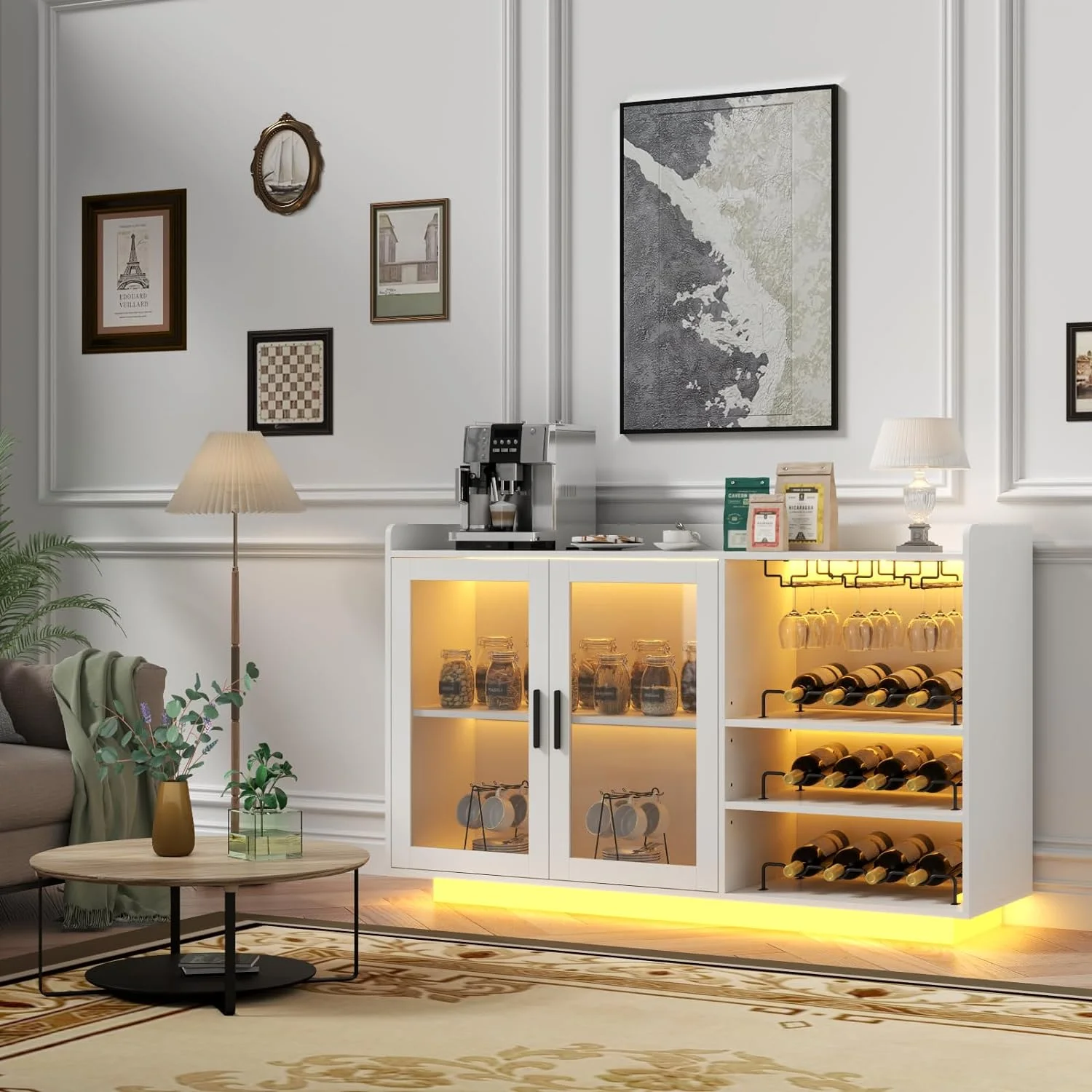 Wine Bar Cabinet with LED Lights, Floating Coffee Bar with Glass Rack and Removable Wine Racks, Modern Buffet Sideboard with Storage Shelves, Kithchen Bar with Glass Cabinet Doors - Image 9