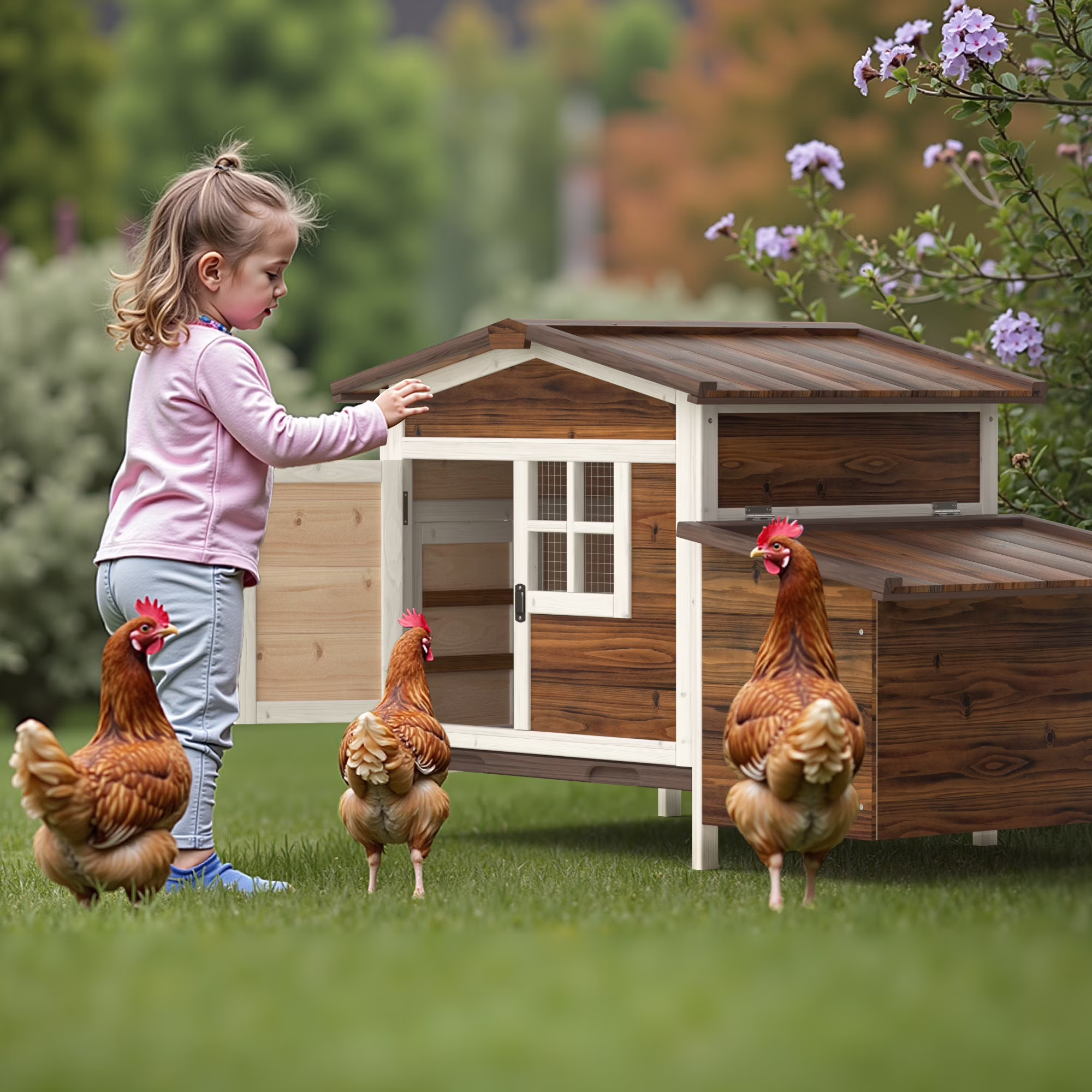 Outdoor Chicken Coop Rabbit Hutch Wooden Hen House w/ Nesting Box & Tray Poultry Cage for Outdoor Indoor - Image 3
