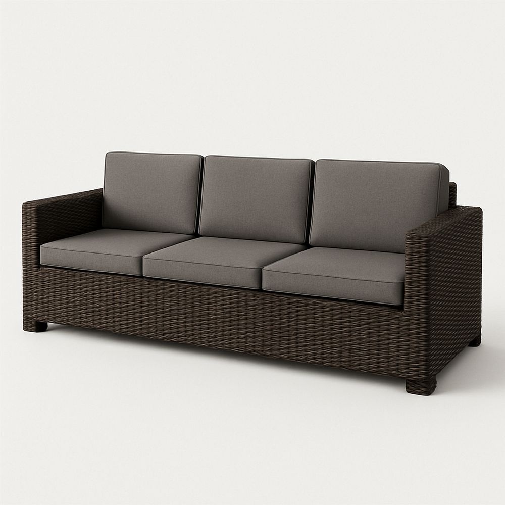 Sofá de 3 plazas marrón/beige con brazos cerrados y respaldo recto, requiere montaje