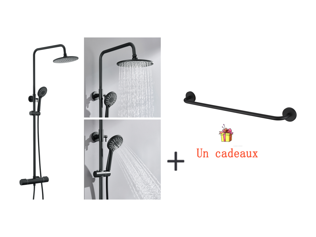 Columna Ducha Negra con Mezclador Termostático de 38°C,Altura Ajustable,Pomo Mano 3 Jets+Soallero Baño,Autoadhesivo/ Perforación,60CM