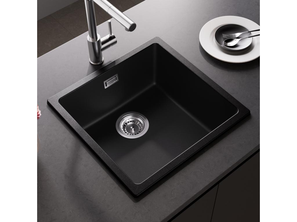 CECIPA Fregadero de Lavabo MAX 1 en Cuarzo y Resina, 3 Opciones de Montaje, 45*44*20cm + Dispensador de Jabón de Cocina Cromado 300ML