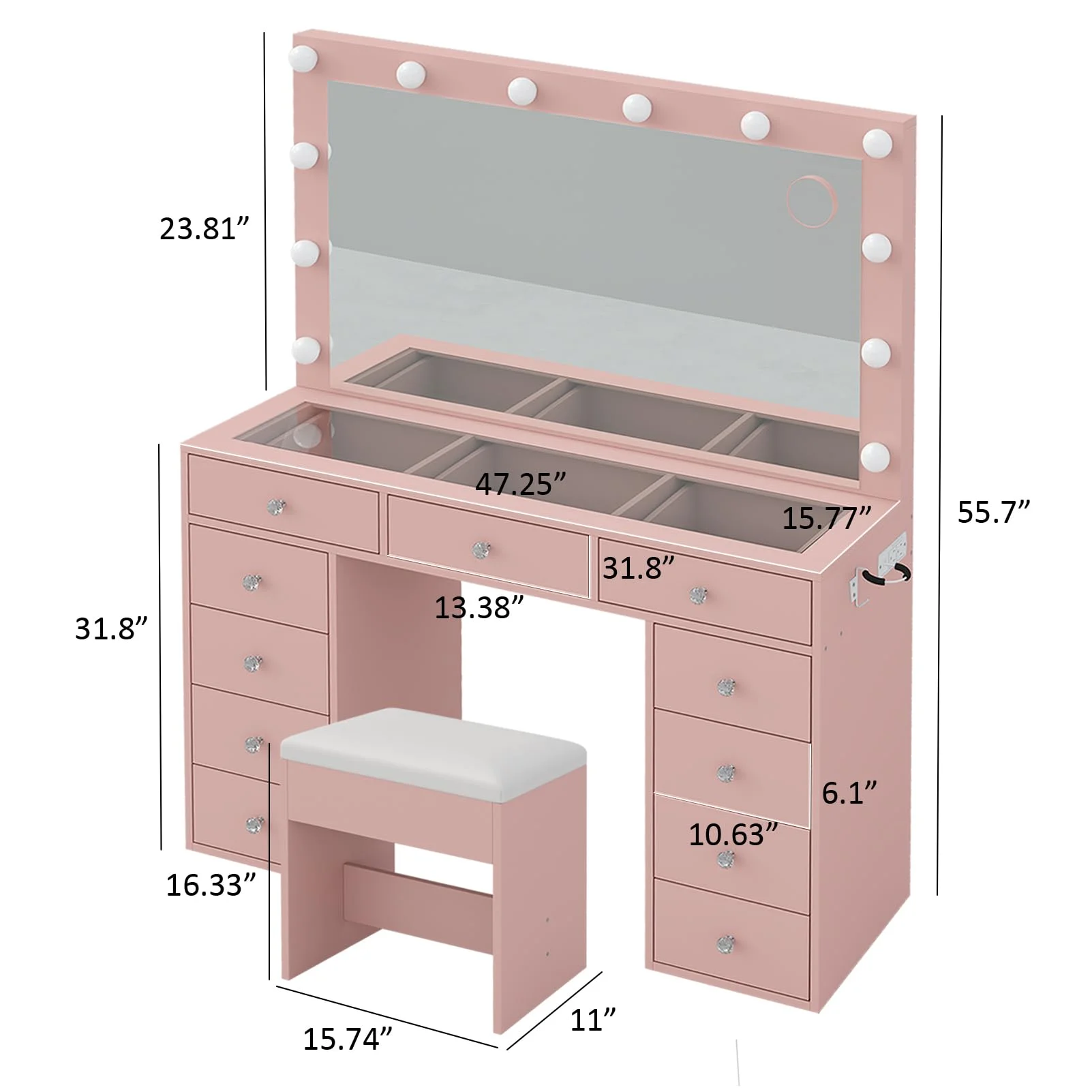 White Vanity Desk with Illuminated Mirror & Power Outlet, 11 Drawers Vanity Table with Chair, Makeup Vanity with 12 LED Lights, Tempered Glass Top, Dressing Table for Bedroom,Dressing Room - Image 9