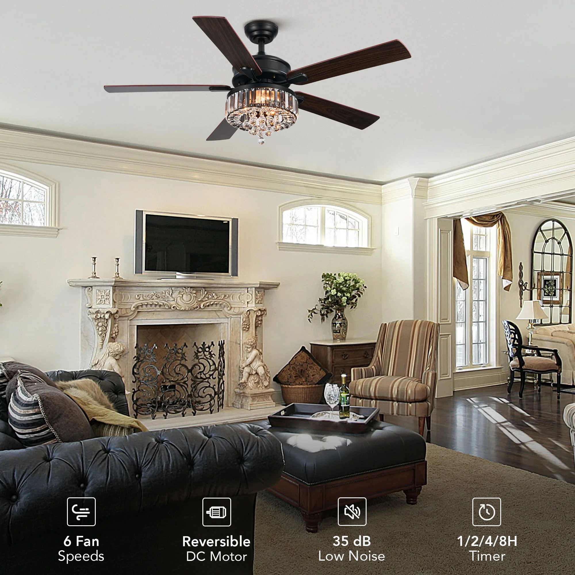 Bestco 52" Chandelier Crystal Ceiling Fan with Light 6 Speeds 5 Dual Sided Blades Chrome - Image 16
