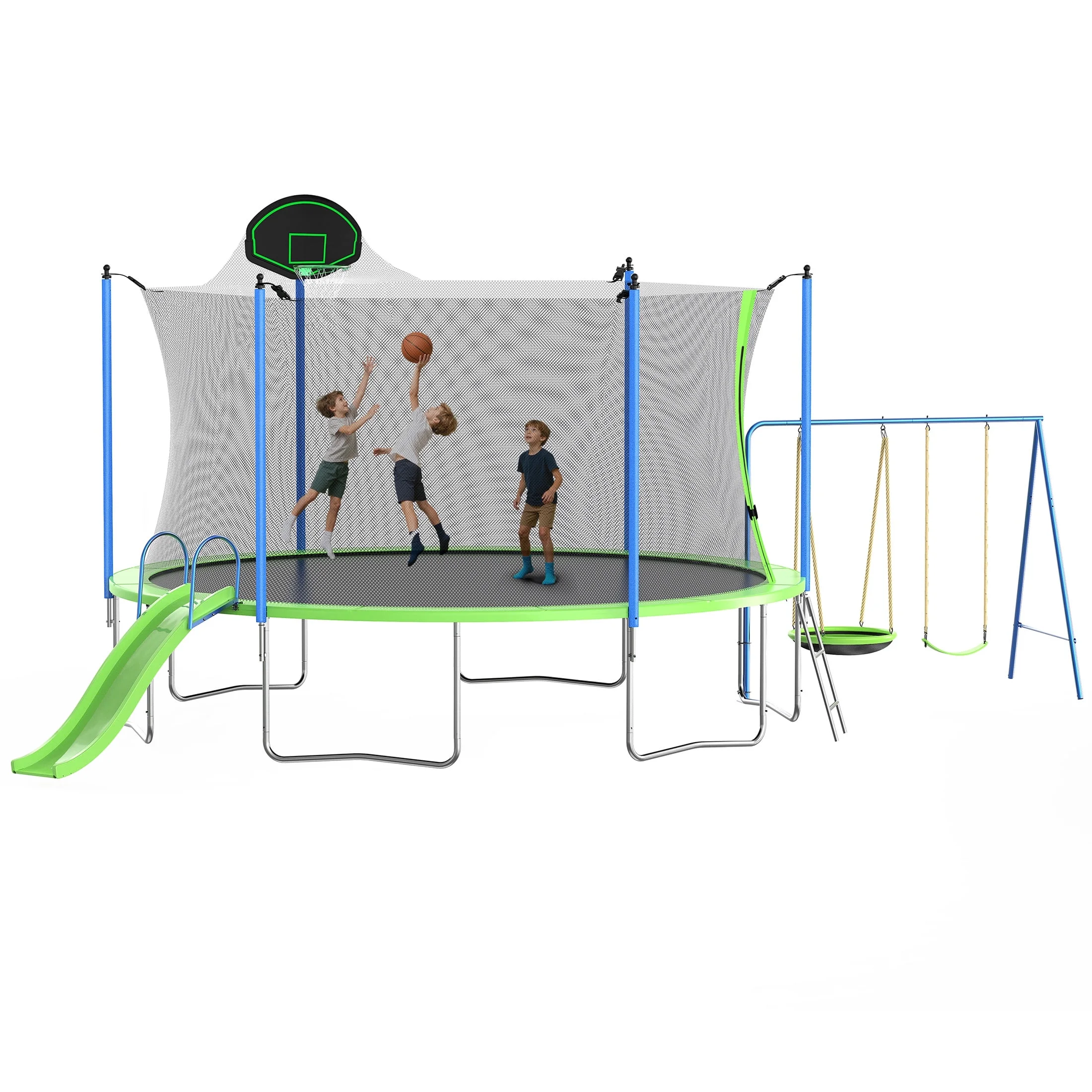 12FT Trampoline with Slide, Swings, SEGMART Recreational Trampoline with Basketball Hoop and Ladder, Heavy Duty Outdoor Backyard Trampoline with Net for Kids and Adults, Green - Image 14
