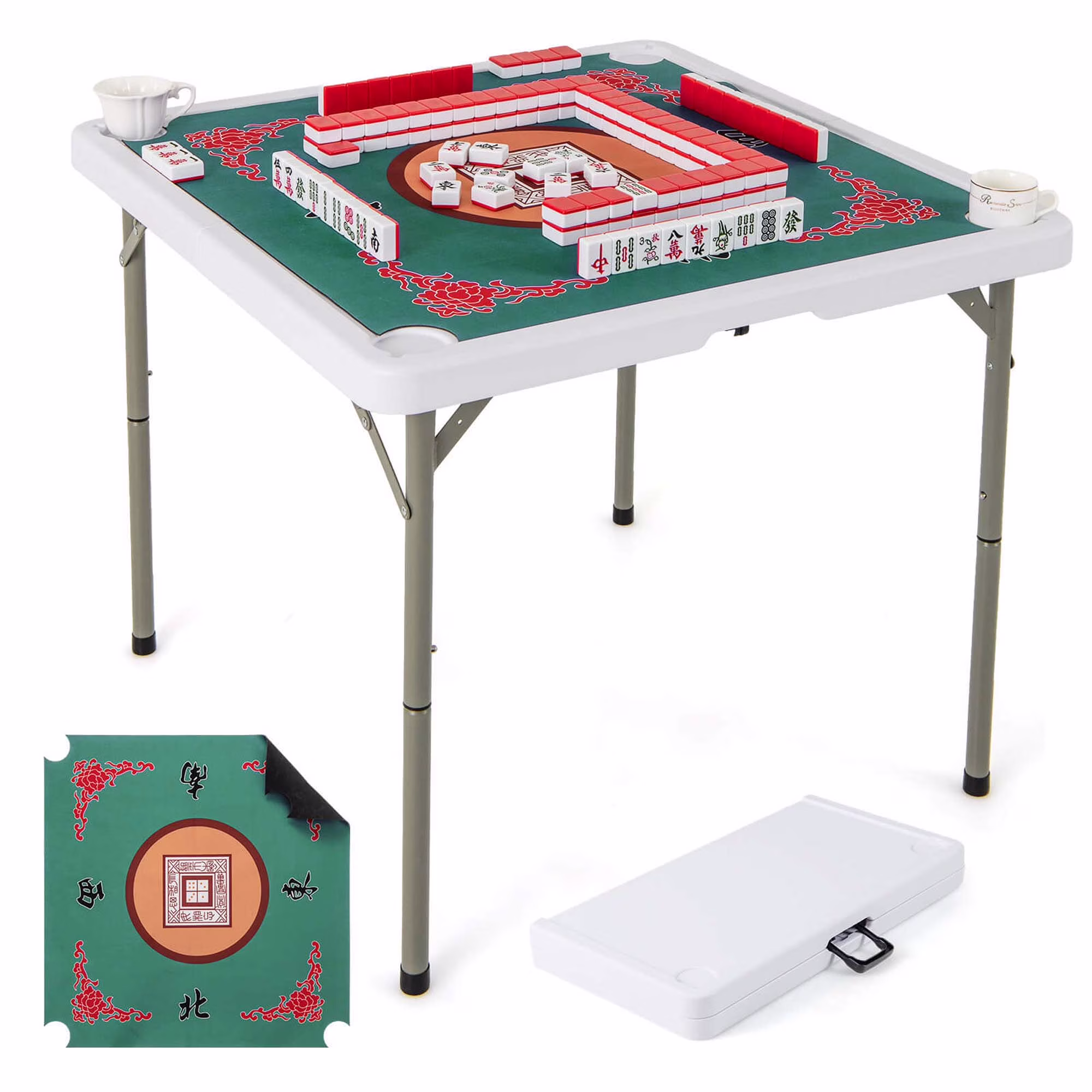 Costway 35" Folding Mahjong Table with Cup Holders & Smooth Felt Mat Carrying Handle Green - Image 7