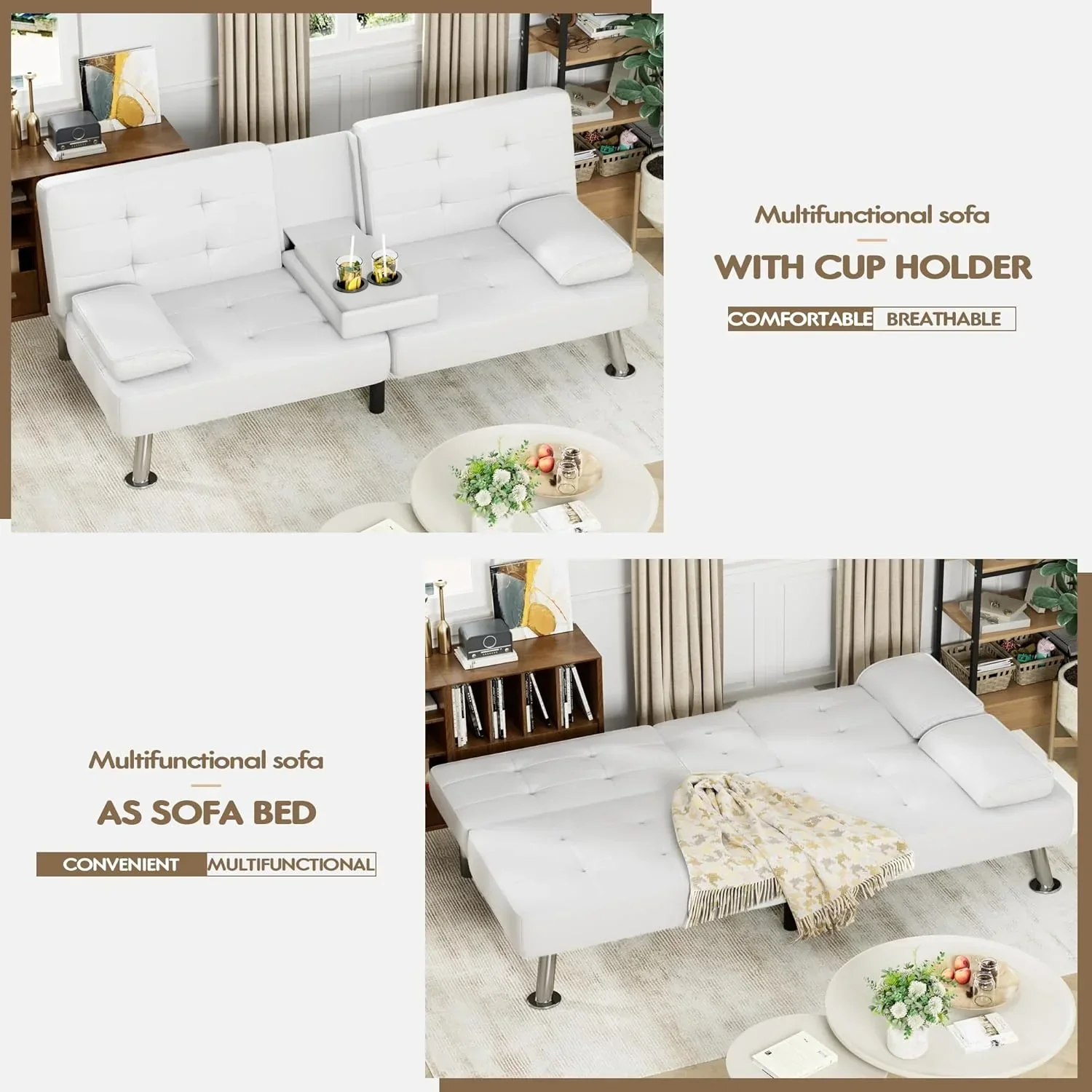 Homall Futon Sofa Bed Leather Futon Couch with Armrests Adjustable Recliner Sleeper Sofa Bed