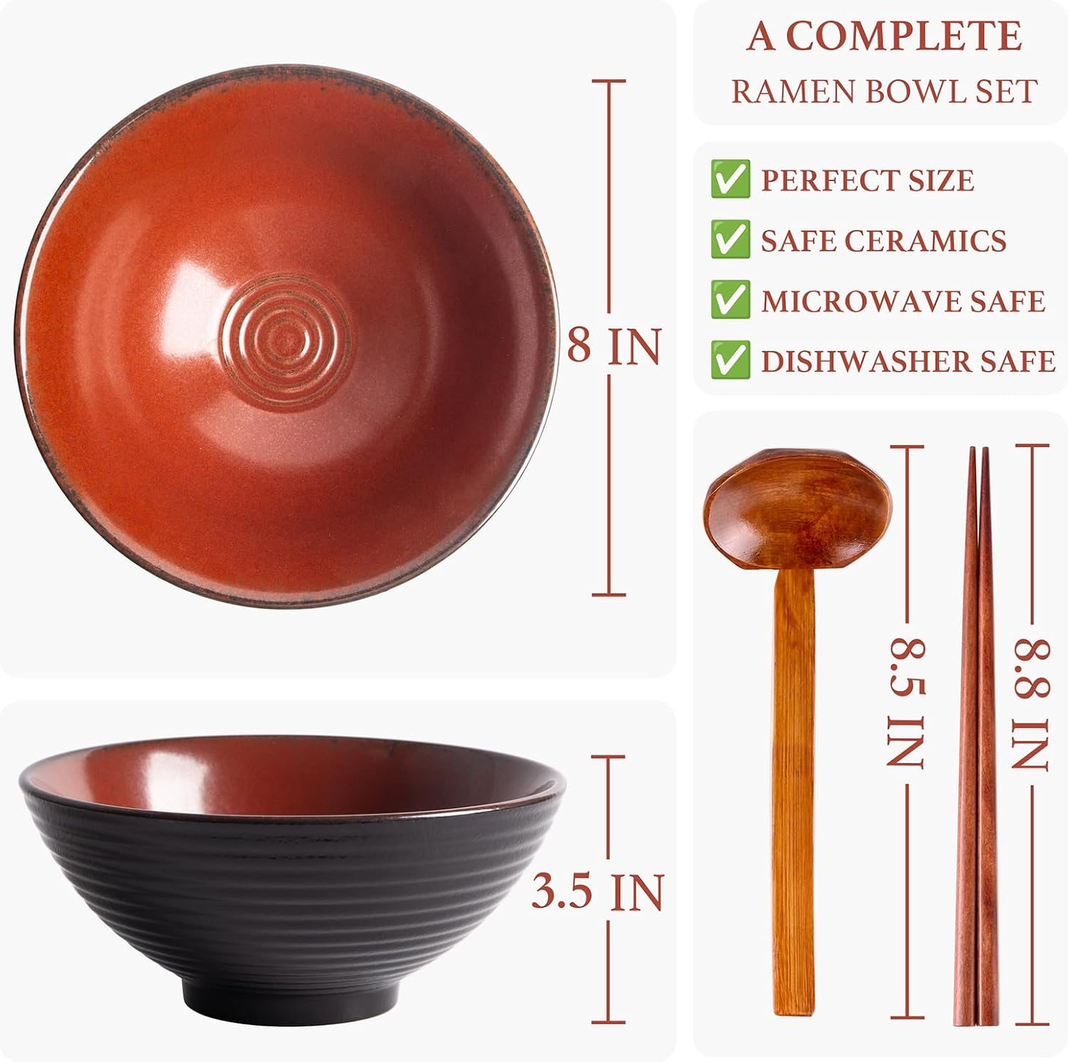 40oz Japanese Ceramic Ramen Bowl Set of 2 with Chopsticks and Spoons for Pho Udon Asian Soup Noodles (Red)