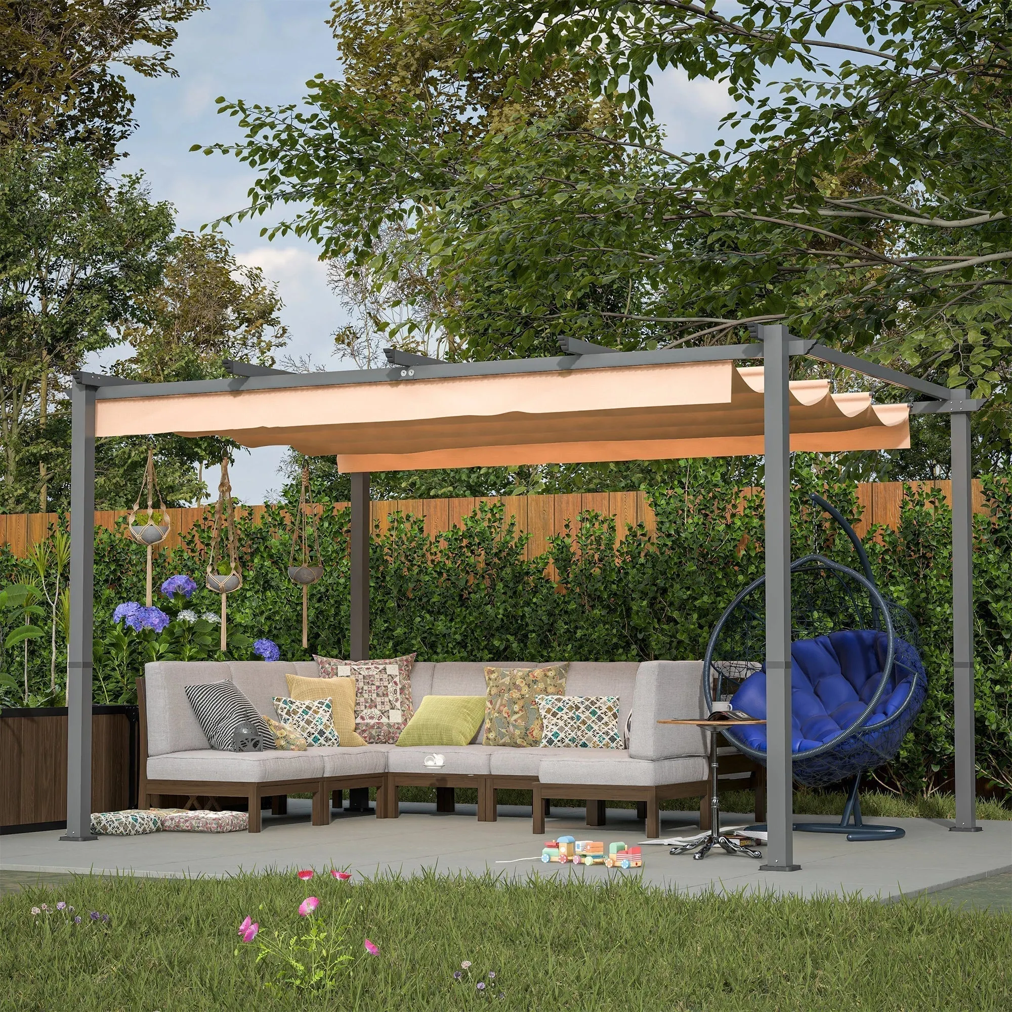 Stylish 10′ x 13′ Aluminum Patio Pergola with Retractable Canopy – Perfect Backyard Shade Shelter for Outdoor Parties