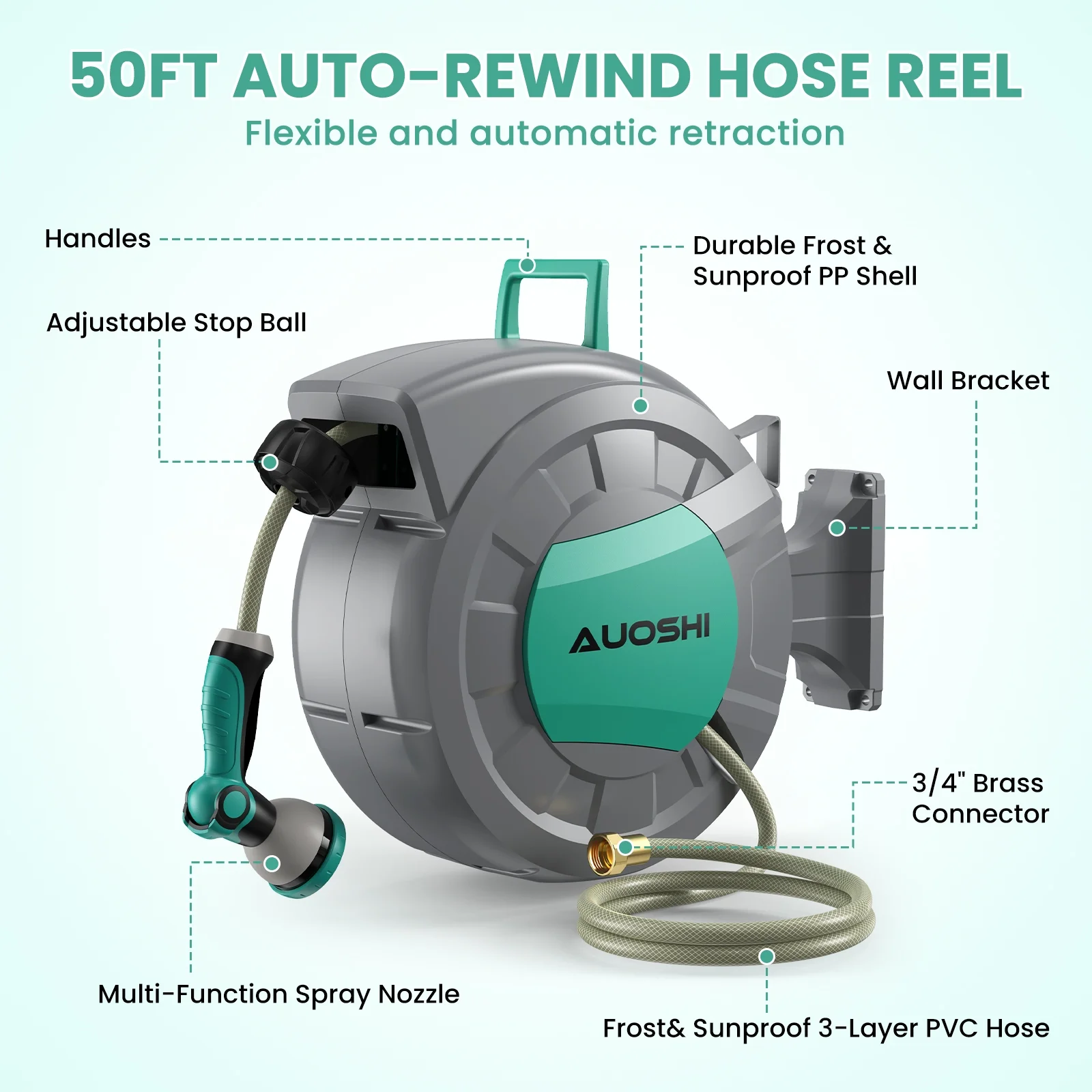 AUOSHI Retractable Garden Hose Reel 1/2" 100ft Automatic Hose Reel with 10 Function Sprayer Nozzle Wall Mount 180 Deg Swivel Bracket Hose Reel with Any Length Lock Slow Return System - Image 16