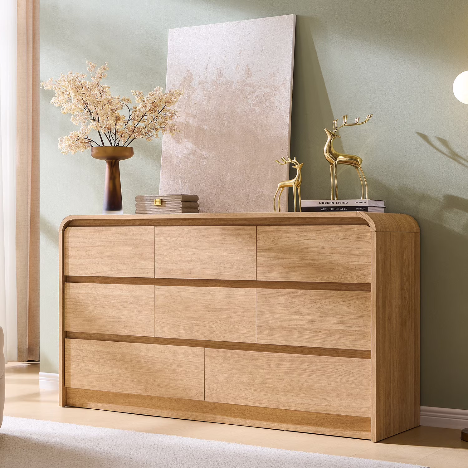 Wow97e Modern 8 Drawers Dresser for Bedroom, 55" Wide Wood Chest of Drawers W/Curved Profile Design, for Bedroom, Living Room, Natural Oak(Natural)