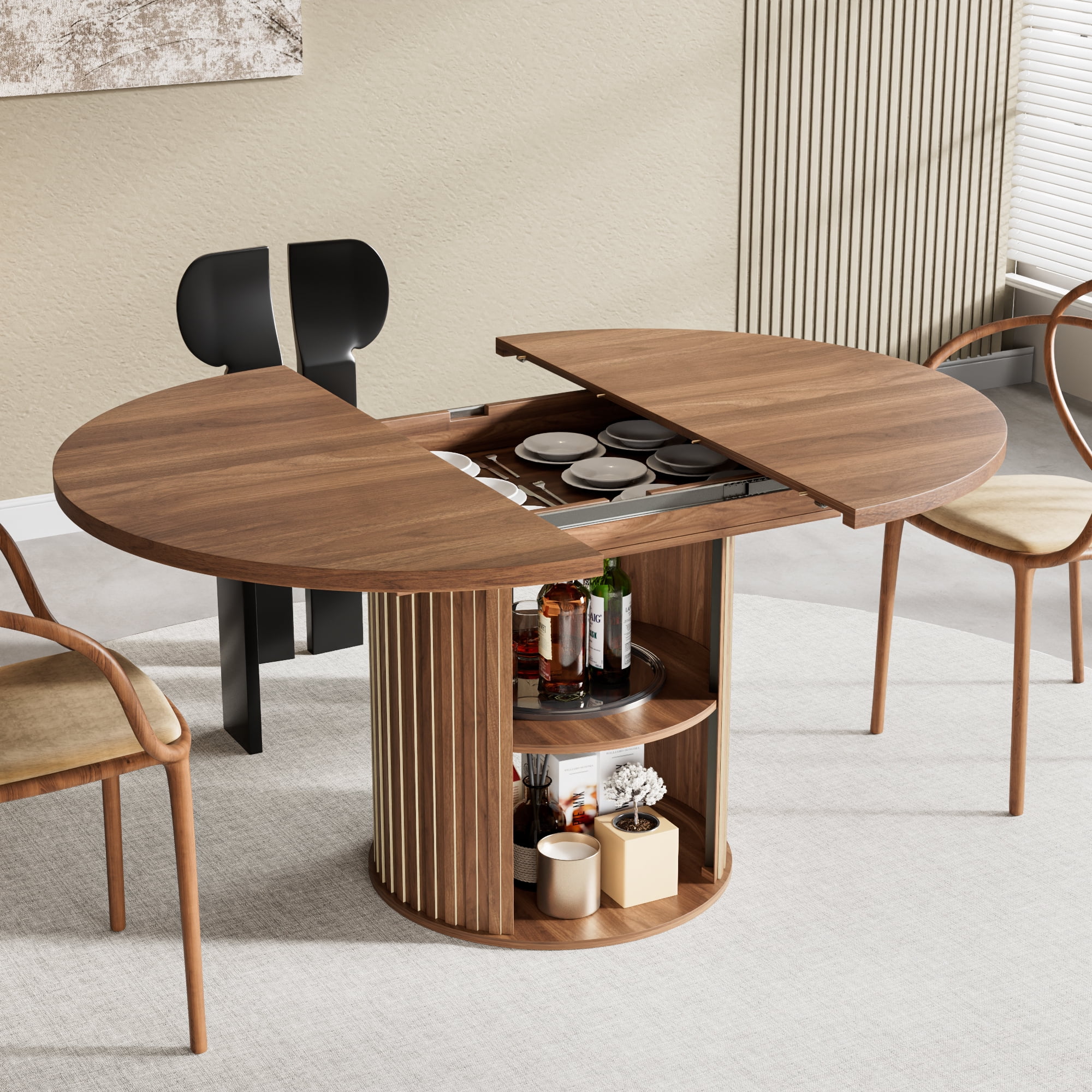 Extendable Dining Table for 4-6, Round Kitchen Table with Storage Shelf, Oval Dining Tables for Living Room (Walnut) - Image 5