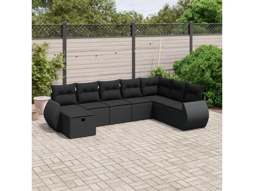 Set de sofás de jardín 8 piezas y cojines ratán sintético negro 38673gult