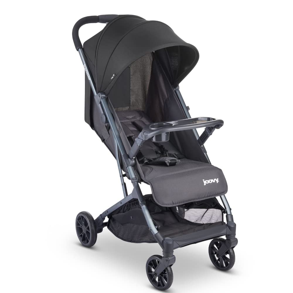 Joovy Kooper Lightweight Baby Stroller Featuring Removable, Swing-Open Tray, Big Wheels, Reclining Seat with Footrest, Extra-Large Retractable Canopy, and Compact Fold (Forged Iron)