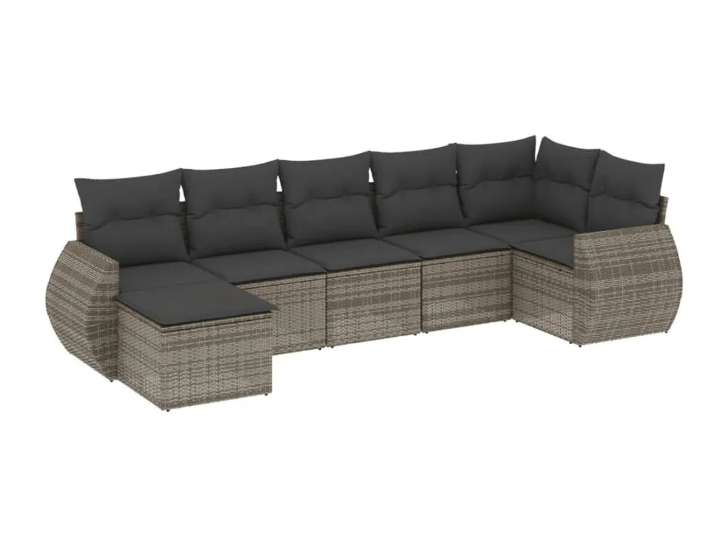 Set de siete piezas de sofás de jardín incluyendo cojines en ratán PE gris nqsv79804