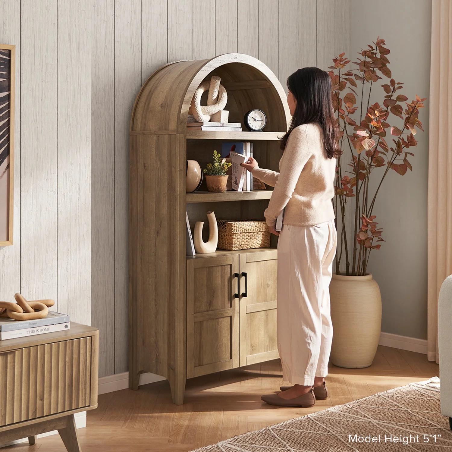 mopio Lauren 65.4" Arched Cabinet, 5-Tier Arched Bookcase with Doors and Shelves, Arched Bookshelf with Storage, Kitchen Pantry Cabinet, Wooden Storage Cabinet for Living Room, Kitchen (Oak) - Image 9
