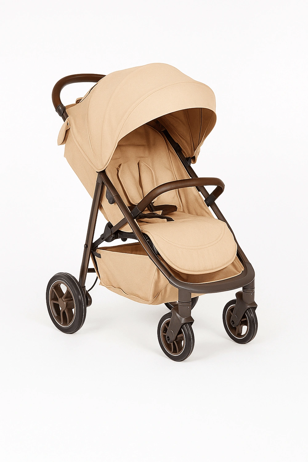 Cochecito de bebé, carrito plegable con respaldo ajustable en 4 posiciones y arnés de seguridad, hasta 22 kg, con capota extensible y cesta inferior, color beige tostado, apto para 0 - 48 meses