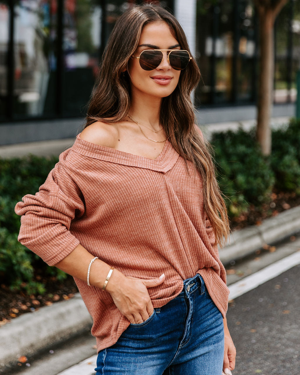 Touch Of Fall Oversized Ribbed Long Sleeve Top - Clay - SALE - Se7enfashion