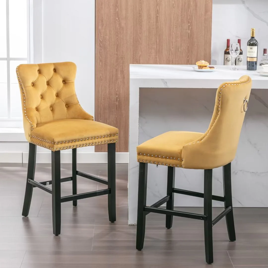 Velvet Bar Stools Set of 2, Upholstered Counter Height Bar Chair with Rivet and Button Trim, Bar Stool with Back and Footrest, for Dining Room, Kitchen, Pub, Gray - Image 8