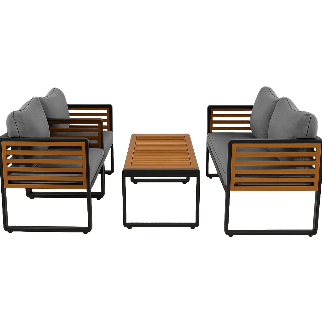 Conjunto de jardín con 1 sofá de 2 plazas, 2 sillones individuales y 1 mesa de centro,Acero y madera, cojines grises - SkbLtNS224DP