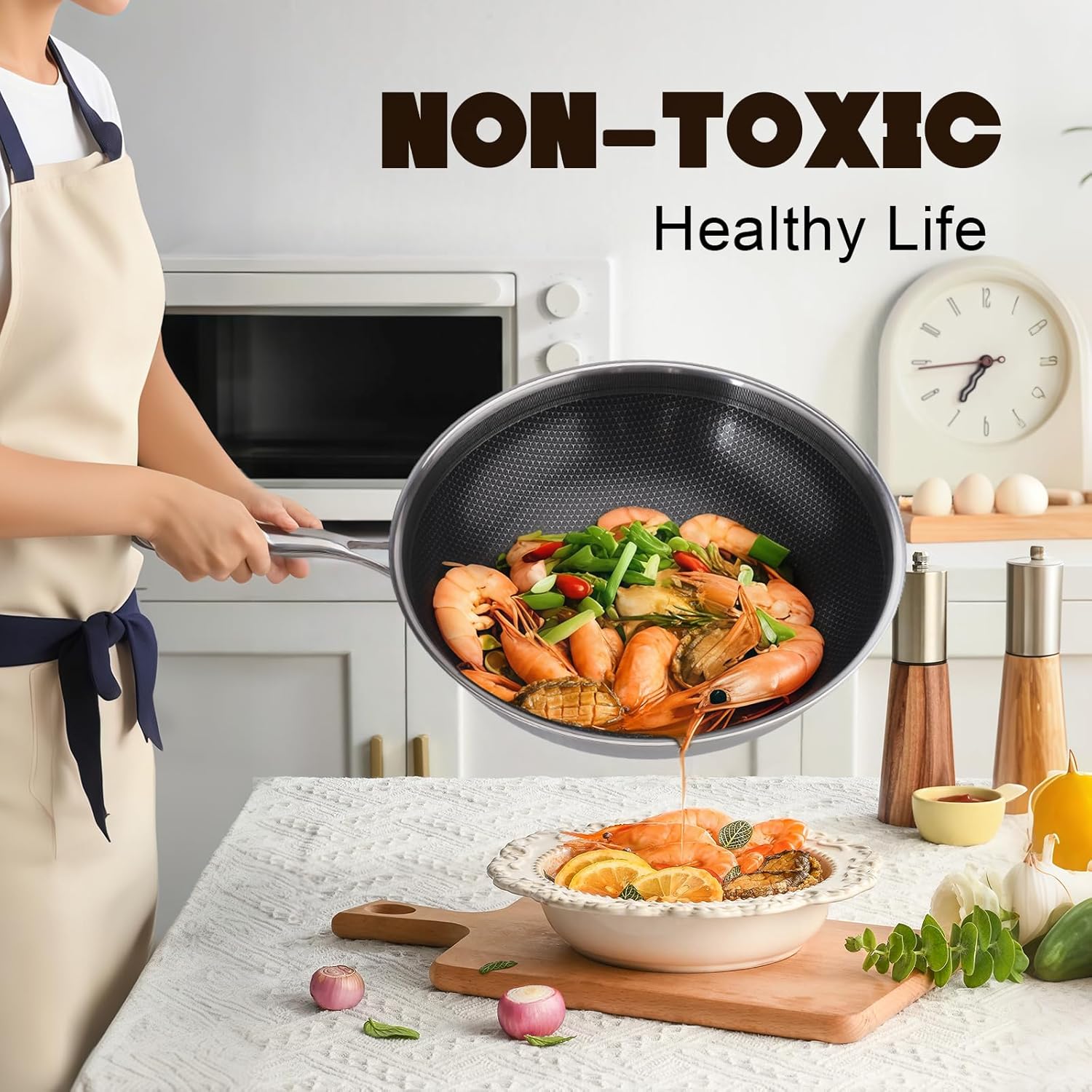 Hybrid Wok, 13 inch Wok with lid,Stainless Steel woks & Stir-fry pans Non Stick, PFOA Free Cookware, Dishwasher and Oven Safe, Compatible With Induction