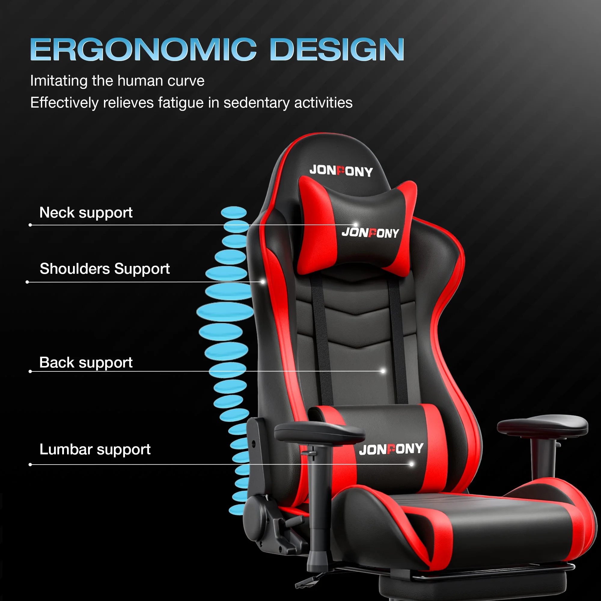 JONPONY Big and Tall 500LBS Gaming Chair, Ergonomic Design, Gamer Chair PU Leather with Footrest and Lumbar Support, High Back Office Chair Support 8 Hours Long Sitting, Computer Chair,Red - Image 6