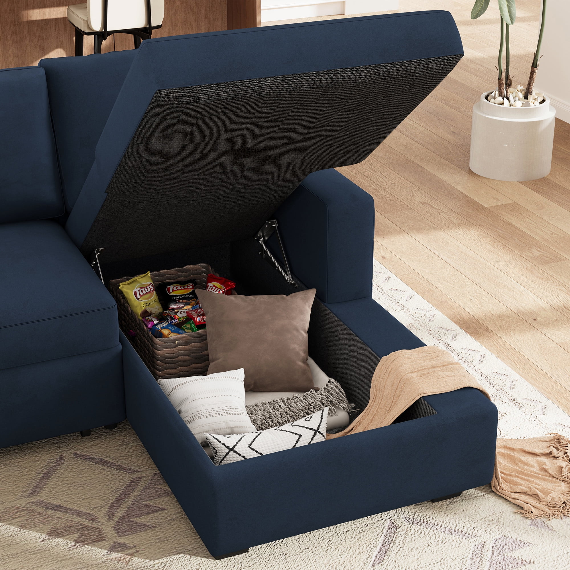 HONBAY Modular Sectional Pull-Out Sofa Bed with Storage Velvet U-Shaped Convertible Sleeper Sofa for Living Room, Blue - Image 8
